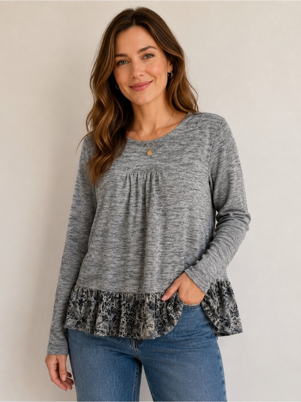 Doe & Rae Heather Gray Long Sleeve Top with Ruffled Printed Hem